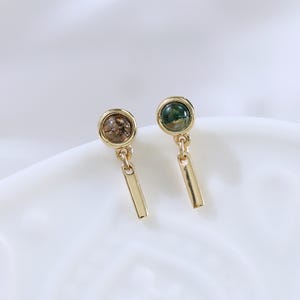 14K Solid Gold Moss Agate Bar Dangle Earring Round Black Hair Quartz Top with Sleek Bar Drop Push Back Stud Cartilage Helix Earlobe Piercing
