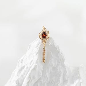 14K Solid Gold Garnet Fire Shape Dangle Chain Earring Single Gemstone Stud For Helix, Tragus, Cartilage Piercing Minimalist Jewelry