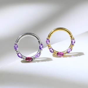 Rhodolite Garnet Amethyst Oval Cluster Hinged Clicker Elegant Purple Gemstone Nose Ring Seamless Cartilage Daith Earring Silver Septum Ring