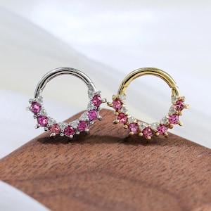 Rhodolite Garnet Moissanite Cluster Hinged Clicker Gemstone Nose Ring Silver Cartilage Helix Daith Earring Septum Ring Piercing Jewelry 16g