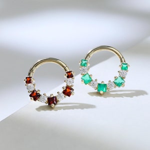Brinco de argola de moissanita granada de ouro maciço 14K, anel de septo com crisópraso, piercing de nariz com pedra preciosa, brinco de hélice daith para cartilagem, piercing delicado no nariz