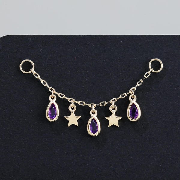 14K Solid Gold Amethyst Teardrop Dangle Star Chain Celestial Nose Industrial Wrap Chain Piercing Gemstone Cartilage Helix Lobe Conch Earring