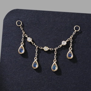 14K Solid Gold Moonstone Teardrop Dangle Nose Chain Moissanite Cartilage Helix Chain Attachment Dainty Gemstone Conch Chain Ear Jacket