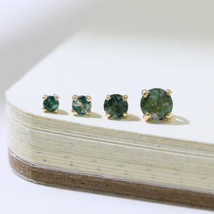 14K Solid Gold Moss Agate Solitaire Stud Earring Single Green Gemstone Multiple Size Push Pin Flat Back Cartilage Helix Conch Piercing
