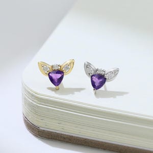 Heart Shape Amethyst Stud Moissanite Cat Ear Earring Gemstone Cartilage Helix Conch Earlobe Flat Back Stud Animal Motif Pattern Piercing