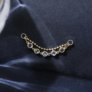 Solid 14K Gold Moonstone Double Beaded Chain Attachment Dangle Ear Jacket Chain Gemstone Charm Chain for Cartilage Helix Conch Earring