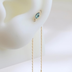 Könnte beinhalten: Ein goldfarbenes Ohrring-Set. Ein Ohrring ist ein Stecker mit einem teal-farbenen Stein. Der andere Ohrring ist eine Kette mit einem goldfarbenen Stab am Ende. Die Ohrringe werden an einem weißen Ohrmodell gezeigt.
