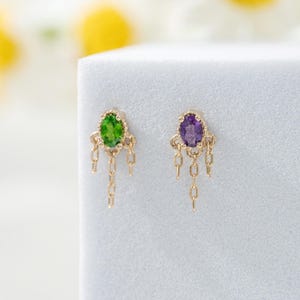 14K Solid Gold Amethyst Dangle Chain Earring Oval Chrome Diopside Triple Chain Stud Cartilage Helix Earlobe Piercing Threadless Jewelry