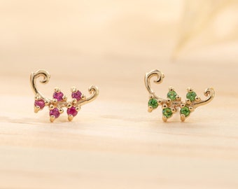 14K Solid Gold Ruby Tsavorite Twisted Vine Earring Gemstone Cartilage Tragus Conch Stud Push Flat Back Earring Piercing Jewelry Gift for Her