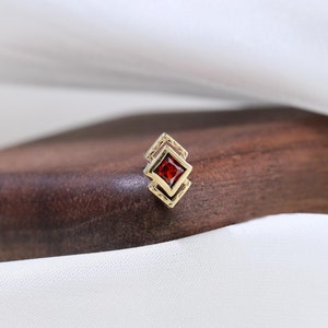 14K Solid Gold Garnet Square Hollow Out Earring Geometric Gemstone Cartilage Earlobe Labret Push Flat Back Stud Simple Piercing Jewelry