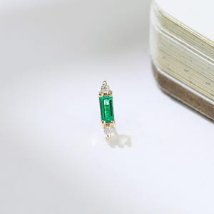 14K Solid Gold Emerald Moissanite Earring Baguette Gemstone Stud Cartilage Helix Tragus Flat Back Earring Minimalist Piercing Gift for Her