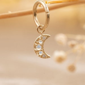 14K Solid Gold Crescent Moon Moonstone Moissanite Dangle Charm Clear Gemstone Clicker Charm Celestial Cartilage Hoop Charm Piercing Jewelry