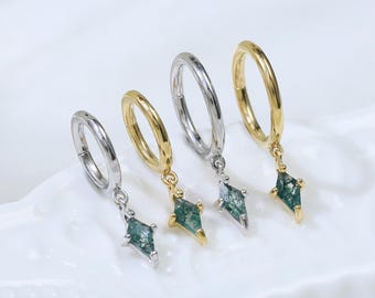 Moss Agate Kite Dangle Hinged Clicker Single Gemstone Drop Nose Ring Seamless Cartilage Helix Daith Piercing Silver Septum Ring 6mm 8mm