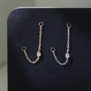 Sparkling Gemstone Pear Chain Attachment Ear Jacket Dangle Charm Chain Accessory for Cartilage Helix Conch Earring Silver Nose Chain