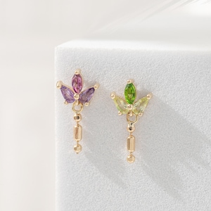 14K Solid Gold Amethyst Rhodolite Garnet Chain Dangle Earring Chrome Diopside Peridot Drop Chain Stud Cartilage Helix Earlobe Push Flat Back