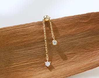 14K Solid Gold Moissanite Dangle Earring Sparkling Gemstone Duo Drop Stud Minimalist Piercing Cartilage Helix Tragus Flat Back Earring
