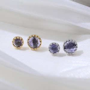 Iolite Multiple Size Beaded Bezel Stud Single Iolite Push Back Earring Silver Faceted Gemstone Labret Cartilage Helix Conch Piercing Jewelry