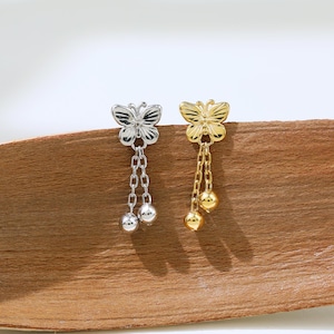 Butterfly Dangle Chain Earring Drop Ball Cartilage Helix Conch Earlobe Push Flat Back Stud Animal Piercing Handmade Jewelry