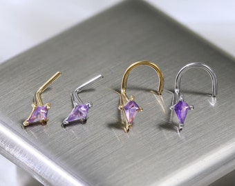 Amethyst L-Shaped Nose Ring S-Shaped Nose Stud Silver Kite Gemstone Nose Piercing 925 Sterling Silver Nose Jewelry 20g Piercing