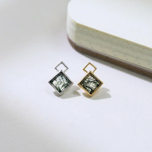Moss Agate Square Hollow Out Earring Gemstone Geometric Duo Push Back Earring Gold Plated Cartilage Earlobe Labret Stud Minimalist Piercing