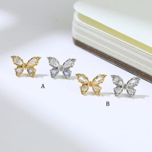Silver Labradorite with Moissanite Butterfly Shaped Stud White Topaz Conch Helix Flat Back Earring Gold Plated Diamond Cartilage Piercing