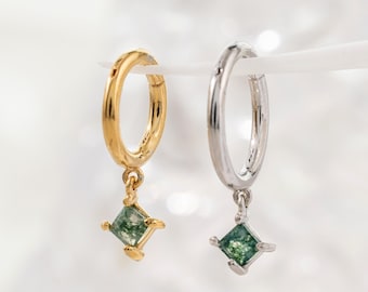 Moss Agate Square Dangle Hinged Clicker Single Gemstone Drop Nose Ring Seamless Cartilage Helix Daith Earring Septum Ring Silver Piercing