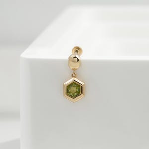 14k Solid Gold Peridot Hexagon Dangle Earring Single Hexagon Gemstone Push Flat Back Stud Cartilage Helix Tragus Piercing Geometric Jewelry