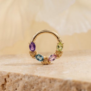 Solid 14K Gold London Blue Topaz Pink Sapphire Hinged Clicker Delicate Peridot Amethyst Nose Septum Ring Gemstone Cartilage Daith Earring