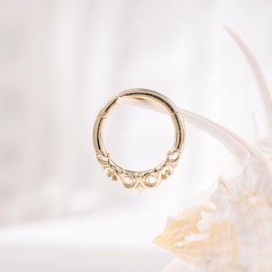Solid 14K Gold Fleur-de-lis Pattern Hollow Hoop Earring Royal Flower Nose Ring Minimalist Septum Ring Cartilage Daith Earring Piercing Gift
