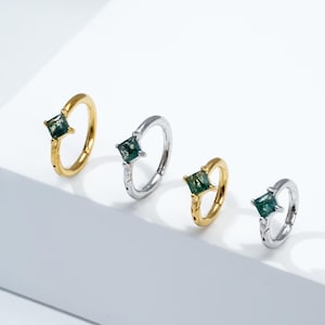 Moss Agate Square Hoop Earring Single Gemstone Nose Ring Seamless Cartilage Helix Daith Earring Minimalist Septum Ring Silver Piercing