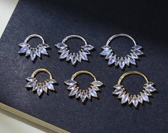 Labradorite Cluster Hinged Clicker Delicate Labradorite Nose Ring Seamless Gemstone Cartilage Daith Earring Silver Septum Ring Gift for Her