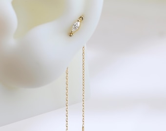 14K Solid Gold Moissanite Cartilage Threader Earring Gemstone Ear Wire Piercing Dangle Long Chain Threader Double Ear Piercing Stud Jewelry