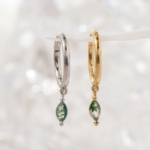 Anello da naso con pietra preziosa singola, a forma di marquise, in agata muschiata, con cerniera, a forma di click, cartilagine senza soluzione di continuità, elica, daith, anello da setto, piercing in argento