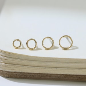 14K Solid Gold Round Multiple Size Hollow Earring Tiny Disc Hollow Out Cartilage Helix Labret Conch Stud Minimalist Circle Push Back Earring