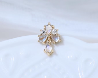 14K Solid Gold Moonstone Moissanite Earring Gemstone Teardrop Cartilage Helix Lobe Conch Piercing Threadless Push Pin Jewelry Gift For Her