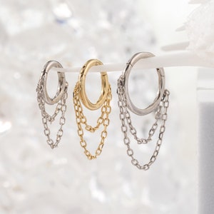 Anello per setto a doppia catena con ciondolo, di diverse dimensioni, anello per il naso a doppia catena, orecchino Daith per cartilagine senza cuciture, 16 g, in argento, con cerniera, a scatto, minimalista