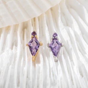 Kite Amethyst Earring Geometric Purple Gemstone Push Flat Back Earring Silver Cartilage Earlobe Labret Stud Minimalist Piercing Jewelry Gift