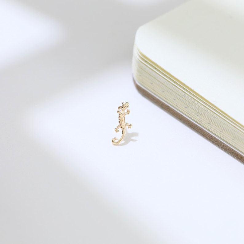 May include: A small, gold-colored lizard-shaped charm or pendant. The reptile is detailed with visible legs, a tail, and a textured body. The charm is set against a white background with a notebook in the upper right corner.