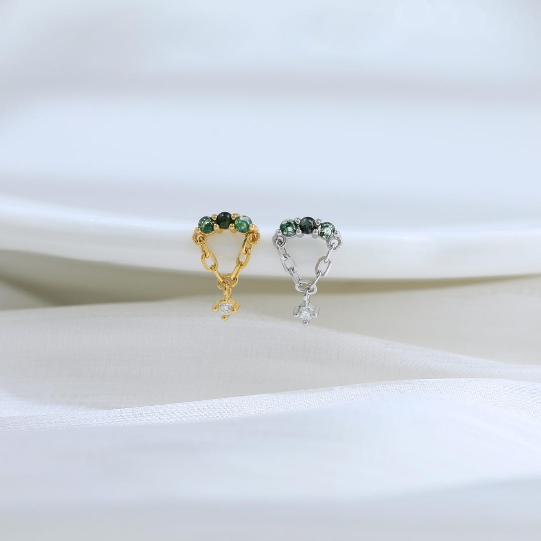 Sterling Silver Moss Agate Moissanite Dangle Chain Earring 14K Gold ...