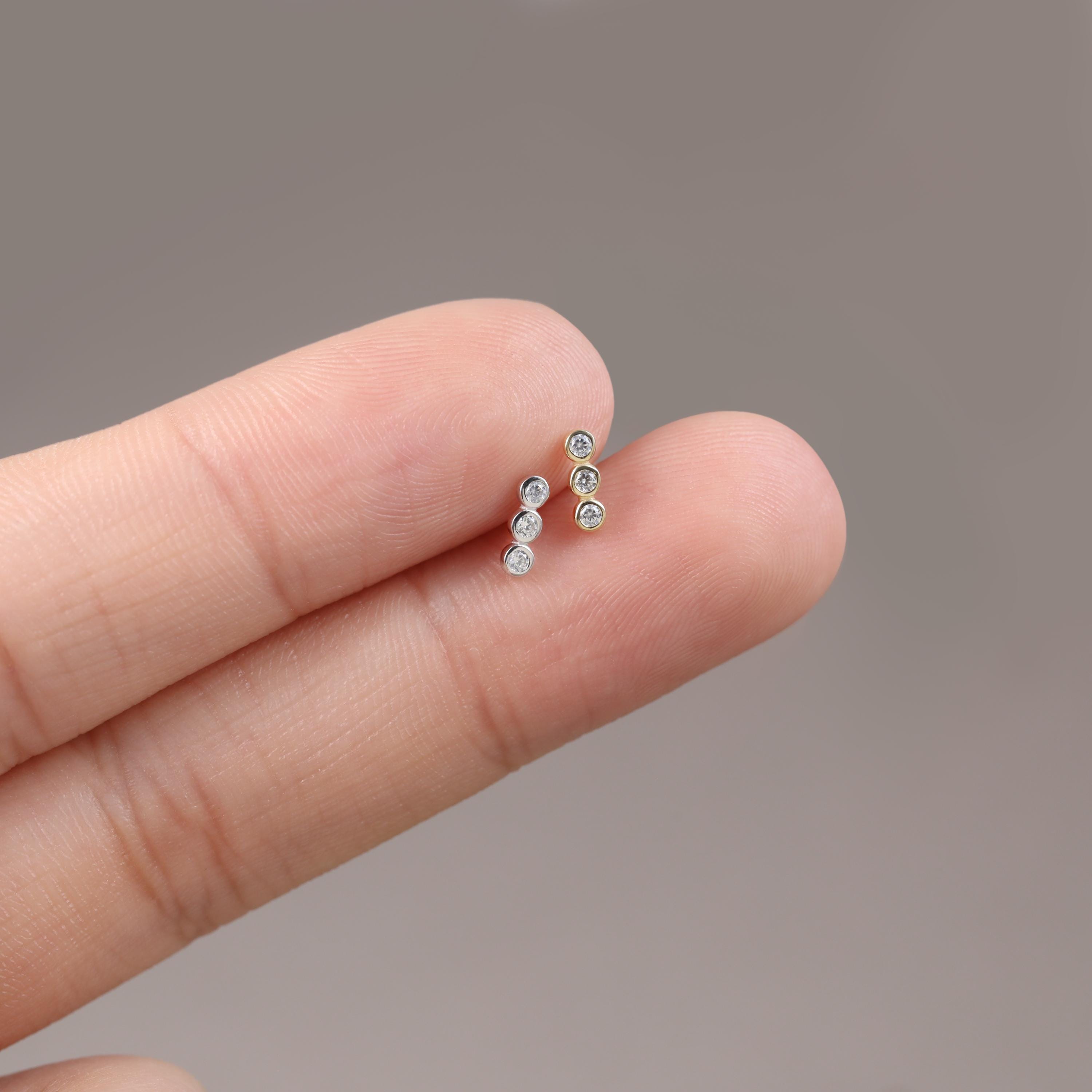 Triple Bead Sparkling Climber Earring Delicate Bead Cartilage Helix Labret Earlobe Stud Silver Push Back Earring Minimalist Piercing Gift