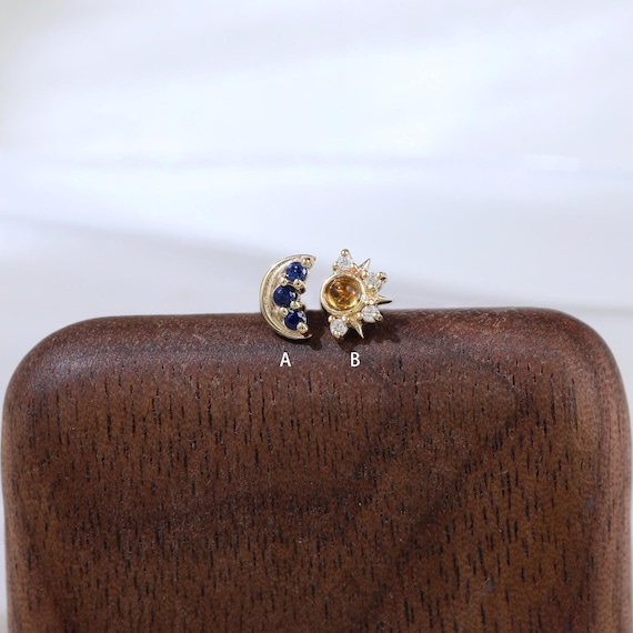 14K Solid Gold Sun & Moon Earring Crescent Moon Blue Sapphire Stud Celestial Sun Citrine Moissanite Stud Cartilage Helix Flat Back Earring