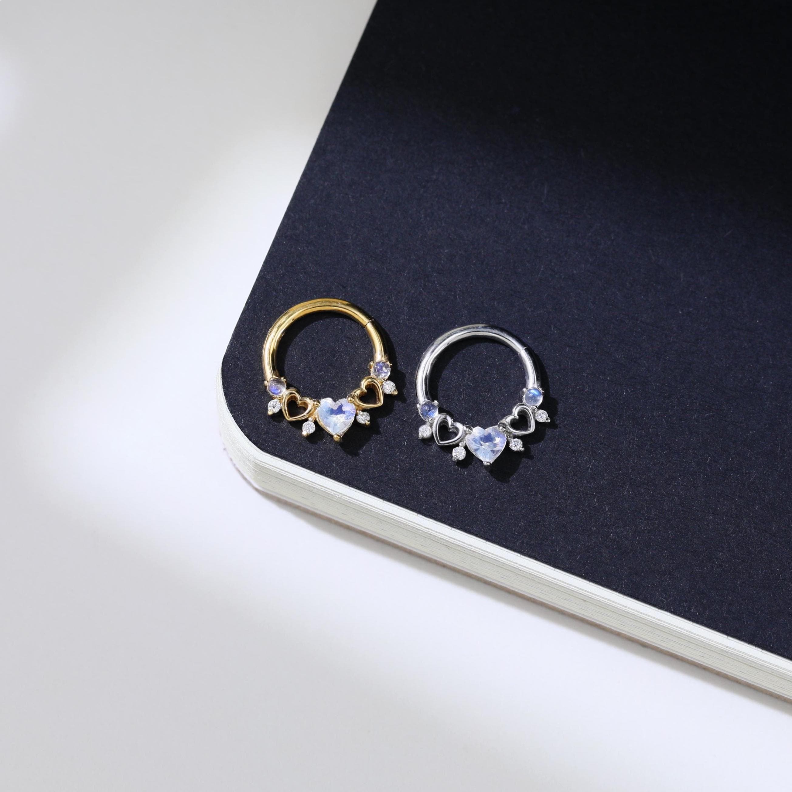 Moonstone Trio Heart Clicker Hoop Moissanite & Hollow Heart Septum Ring Shimmering Love Nose Ring 925 Silver Cartilage Daith Piercing 16G