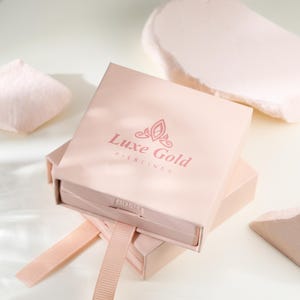 May include: A pale pink box with the text "Luxe Gold Piercings". The box is open, revealing a pull-out drawer with a ribbon. The background includes pale pink geometric shapes. The word "PUSH" is visible on the box.