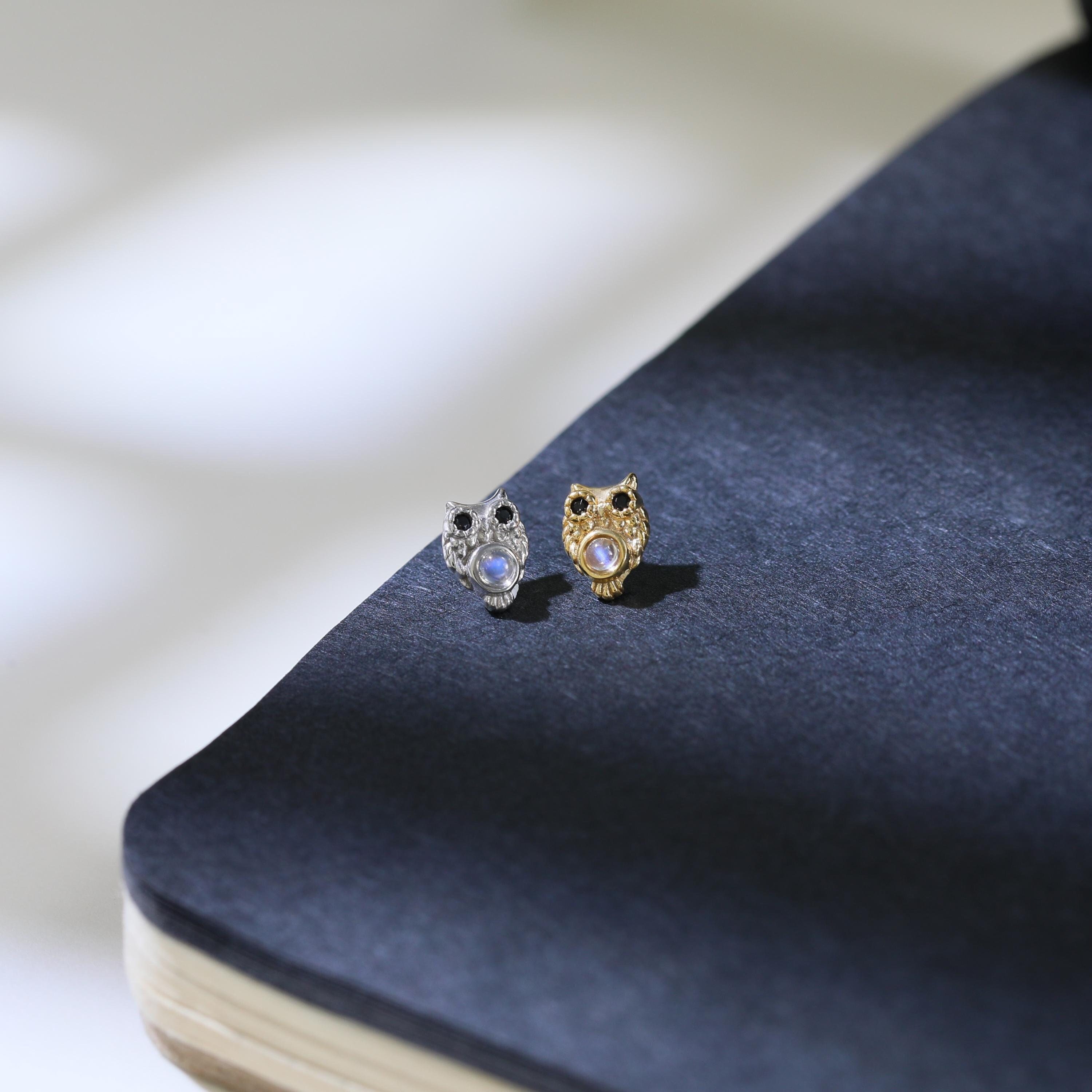 Owl Moonstone Black Spinel Earring Cute Owl Gemstone Animal Piercing Silver Cartilage Helix Tragus E