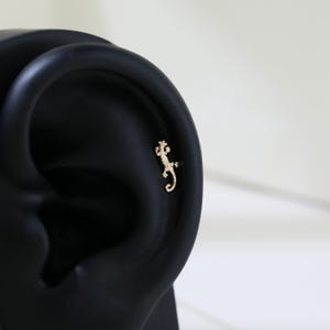 May include: A gold-colored lizard-shaped earring stud is displayed on a black ear model. The earring is a small, detailed representation of a lizard, with its legs and tail curved. The background is a soft, neutral white.