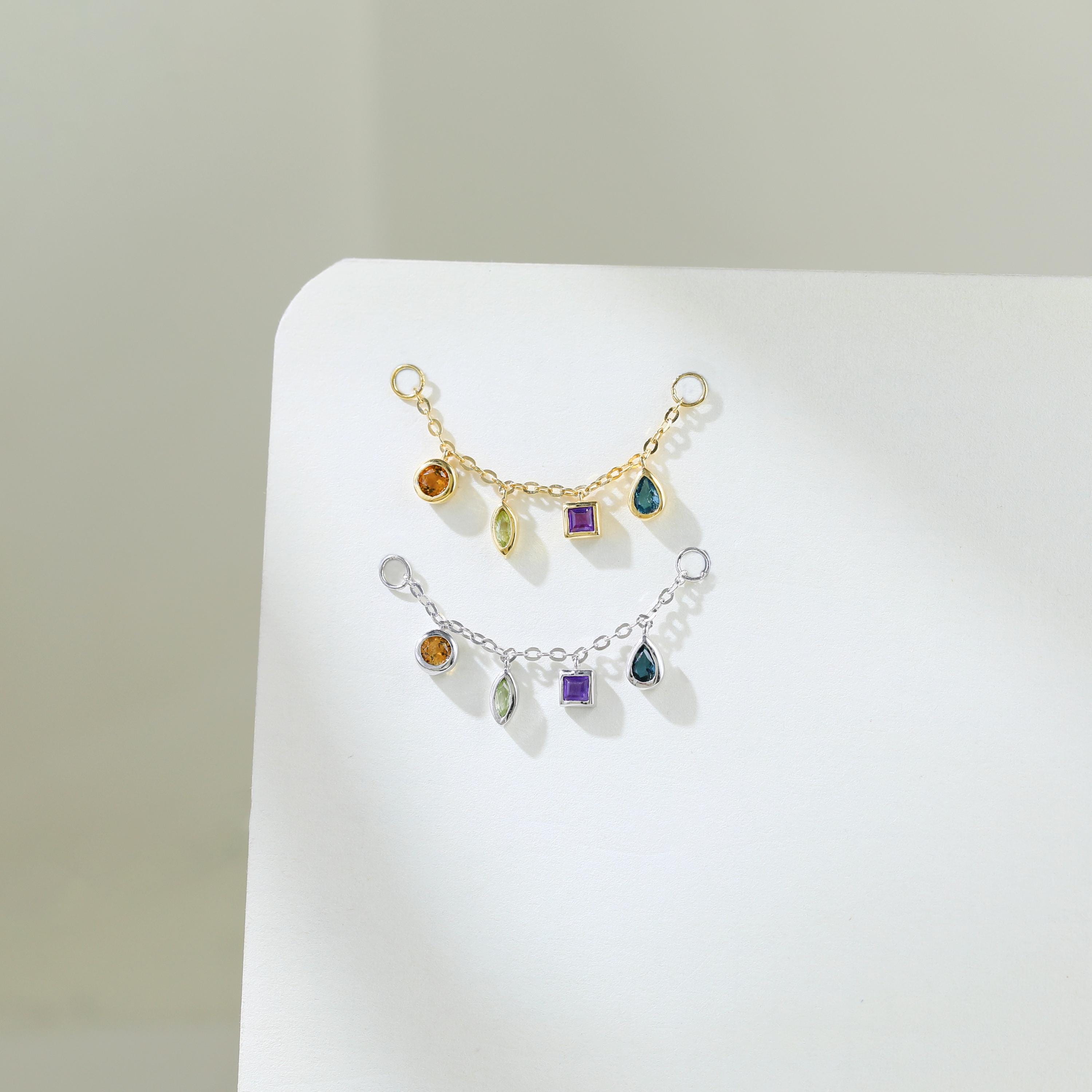Ametista, citrino, peridoto, topazio blu di Londra, accessorio a catena con pietre preziose, accessorio per orecchini a cartilagine, catena per naso in argento