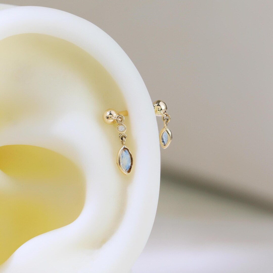 14K Solid Gold Labradorite Dual Marquise Dangle Earring Moissanite External Threaded Upper Lobe Barbell Ring Forward Helix Piercing 18g - Etsy Japan