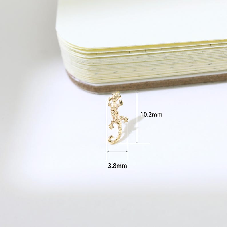 May include: A gold-colored lizard-shaped charm, approximately 0.4 inches wide and 0.4 inches long. The charm is detailed with a textured surface and is positioned on a white surface next to a notebook.