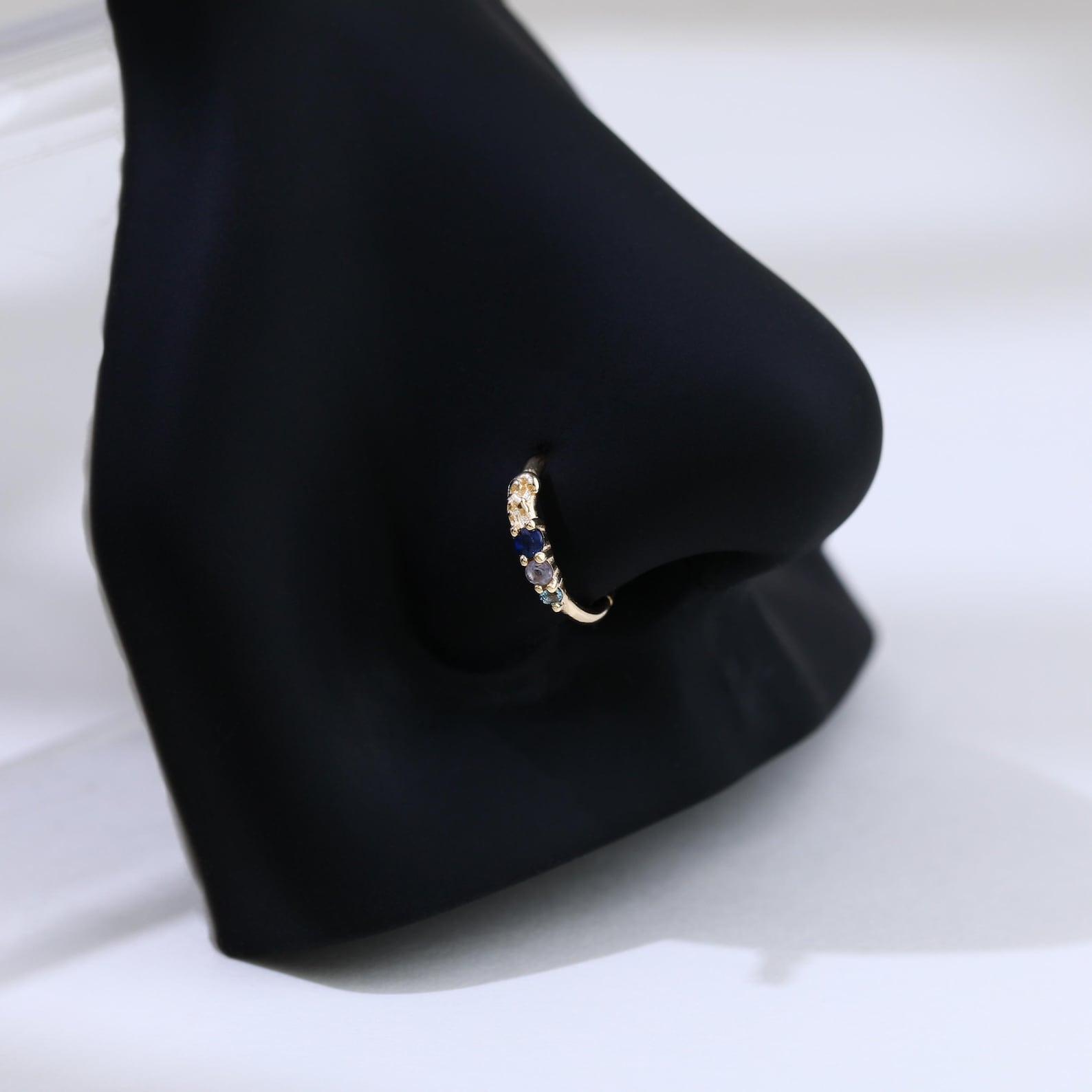 14K Solid Gold Wave Clicker Sapphire Iolite & Blue Topaz Piercing ...