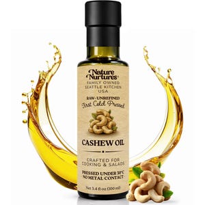 Raw unrefined cashew oil, first cold pressed under 30°C using a non metal or wood contact method that helps preserve the oil’s natural structure. Made from cashew nuts sourced from suppliers following organic, non GMO and kosher standards, small batch crafted in the United States for cooking and salads. Poured into a glass bottle, 3.4 fl oz (100 ml).